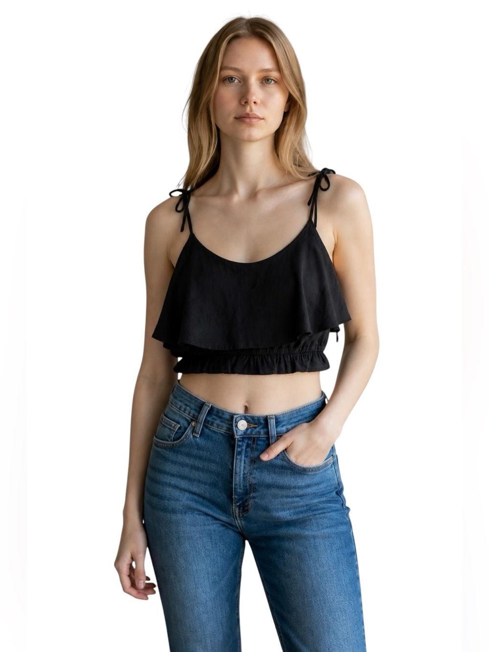 FAVLUX Dark Navy Ruffle Tie-Strap Crop Top size S Small